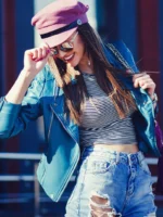 Women’s Blue Cropped Leather Jacket