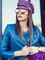 Women’s Blue Cropped Leather Jacket