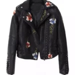 Black Soft Leather Embroidery Jacket