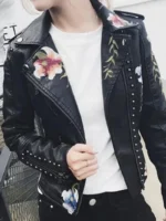 Black Soft Leather Embroidery Jacket