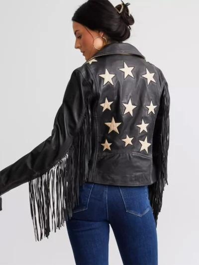 Crissy Star Leather Fringe Jacket - Black