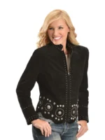 Women's Black Suede Western Leather Jacket - Studded Cowboy Jacket