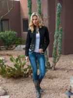 Jet Black Studded Suede Jacket For Women