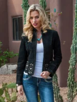 Women's Black Suede Western Leather Jacket - Studded Cowboy Jacket