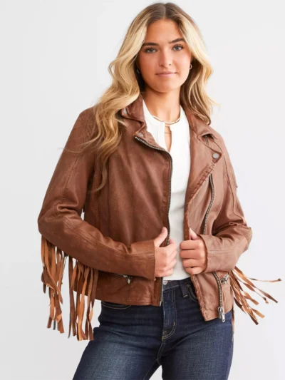 Leather Fringe Jacket - Cognac