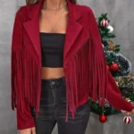 Fringe Leather Jacket for Women's - burgundy