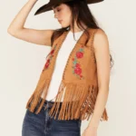 Women's Embroidered Rose Suede Fringe Vest