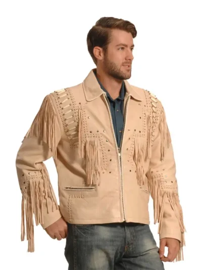 Liberty Wear Men's Fringed Leather Jacket - cream