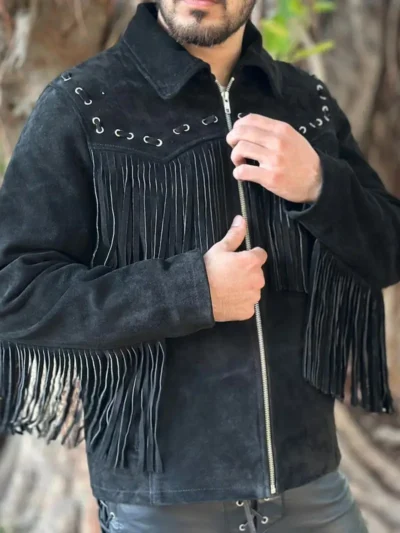 Men's Black Western Style Suede Leather Fringe Jacket (1)