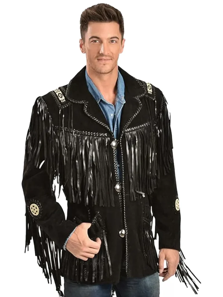 6e1416ac Black Western Coat Mens Leather Button Fringe Jacket 1 - The Creative Leather