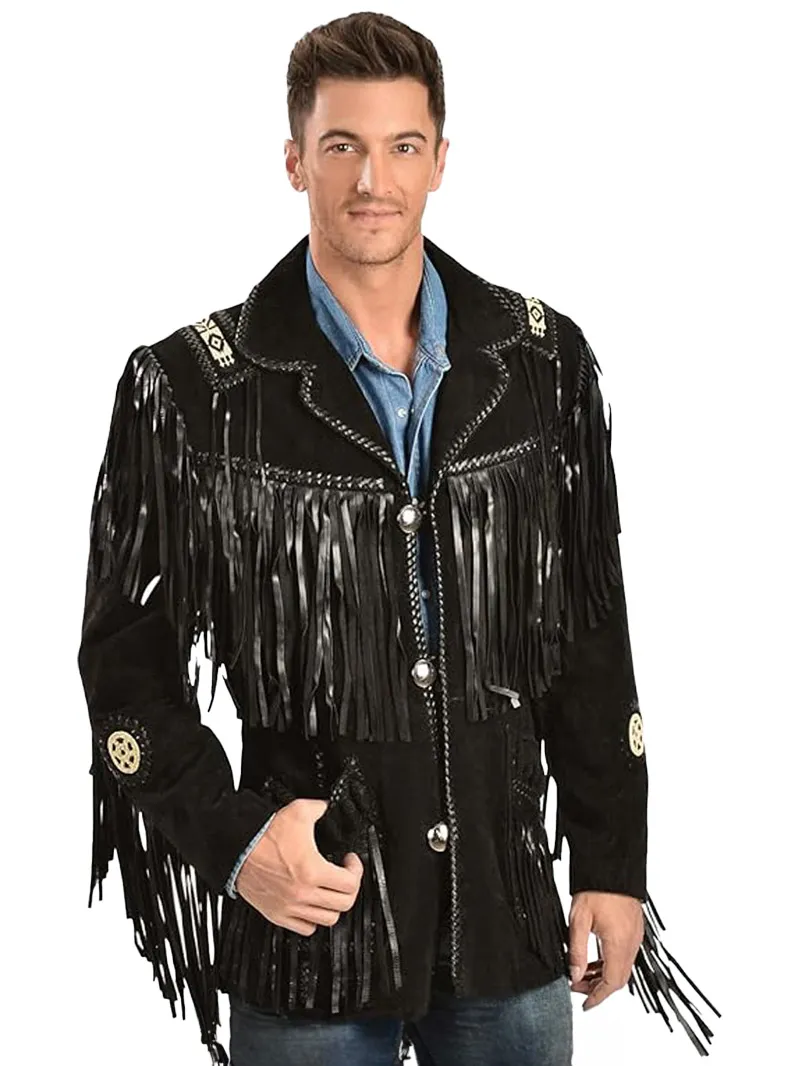 6E1416Ac-Black-Western-Coat-Mens-Leather-Button-Fringe-Jacket-1 Black Western Coat Mens Leather Fringe Jacket - Image 1