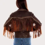Women's Brown Western Leather Fringe Jacket back side