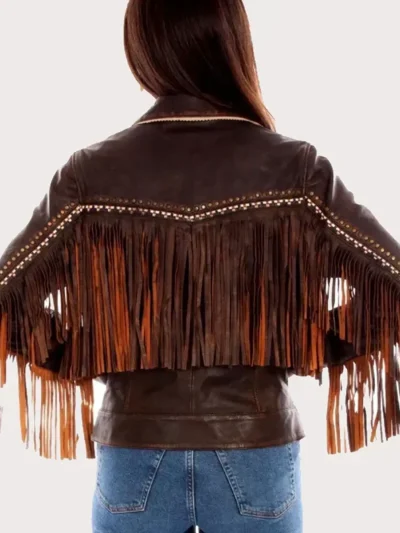 Women's Brown Western Leather Fringe Jacket back side