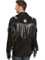 Black Western Coat Mens Leather Fringe Jacket - Image 3