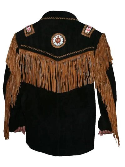 Black and brown Beaded Leather Fringe Jacket back side