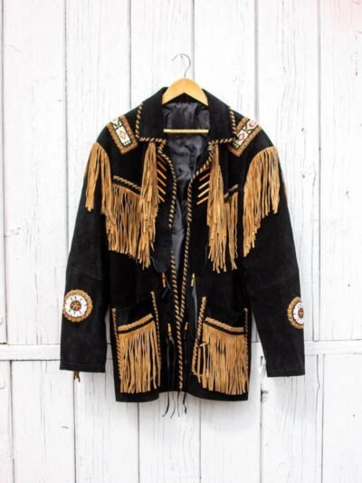 Black and brown Beaded Leather Fringe Jacket