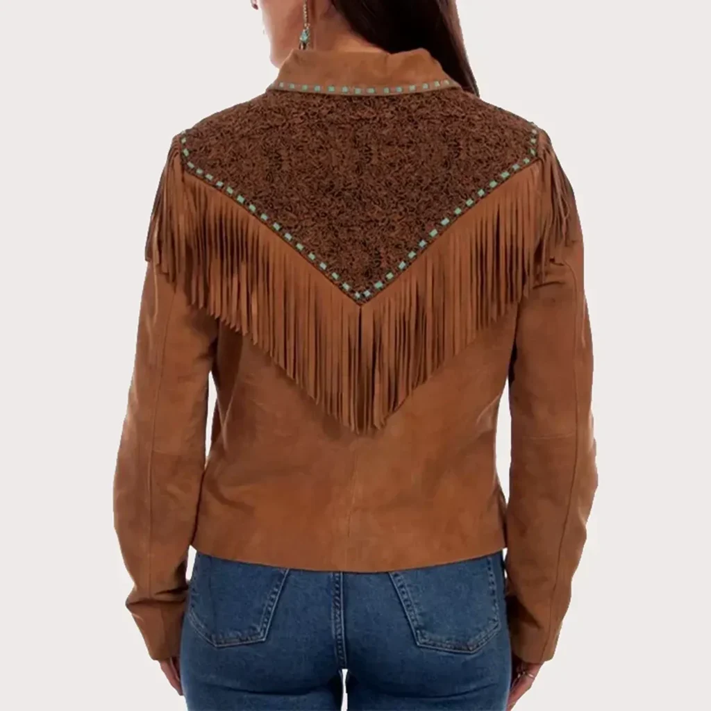 Womens Western Leather Fringe Jacket With Zip Front 2 Womens Western Leather Fringe Jacket with Zip Front back side