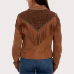 Womens Western Leather Fringe Jacket with Zip Front back side