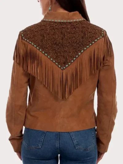 Womens Western Leather Fringe Jacket with Zip Front back side