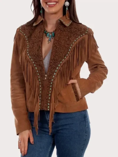Womens Western Leather Fringe Jacket with Zip Front