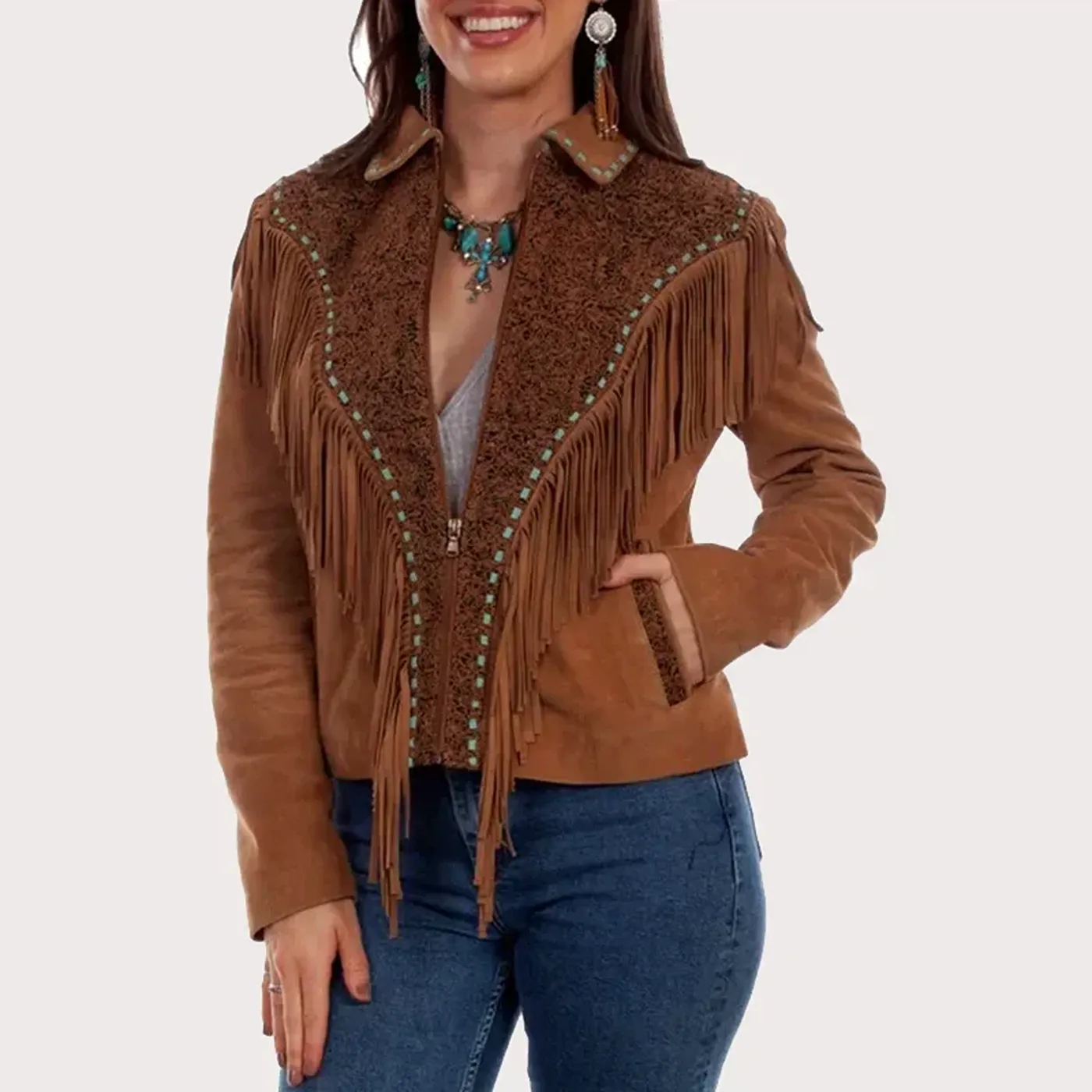 Womens Western Leather Fringe Jacket With Zip Front Womens Western Leather Fringe Jacket with Zip Front