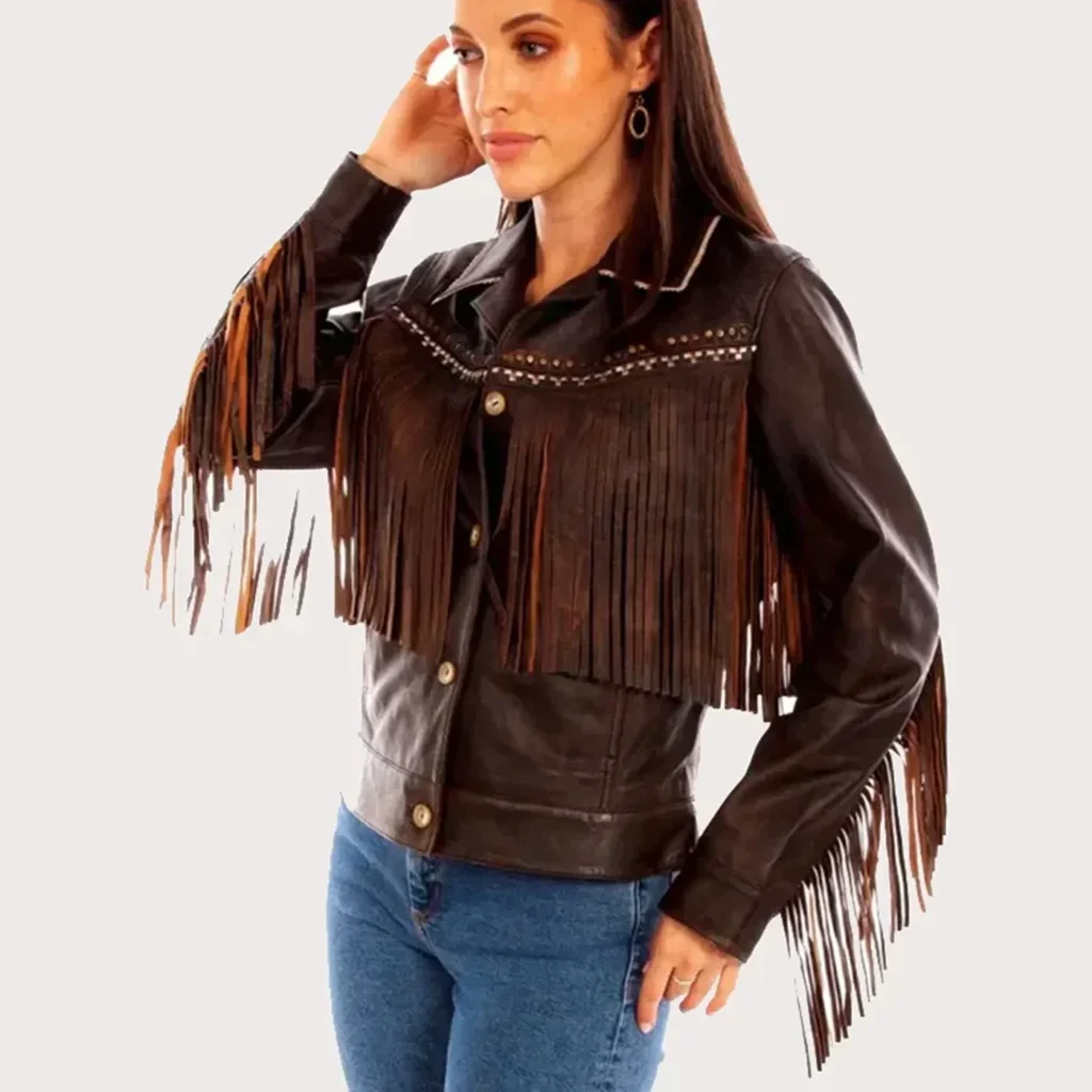 Women's Brown Western Leather Fringe Jacket