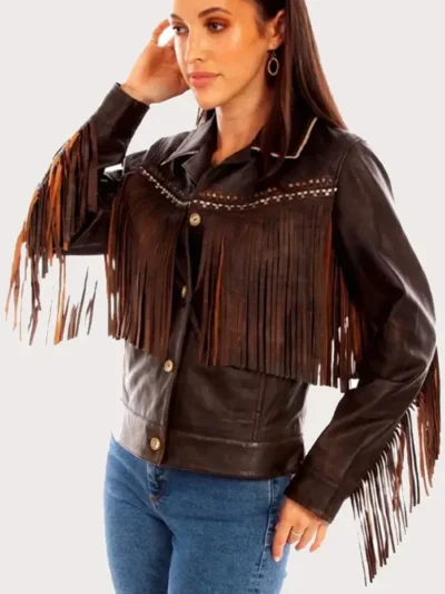 Women's Brown Western Leather Fringe Jacket