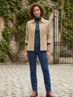 Beige Suede Fringe Jacket for Women Western Style front