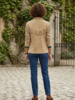 Beige Suede Fringe Jacket for Women Western Style back side