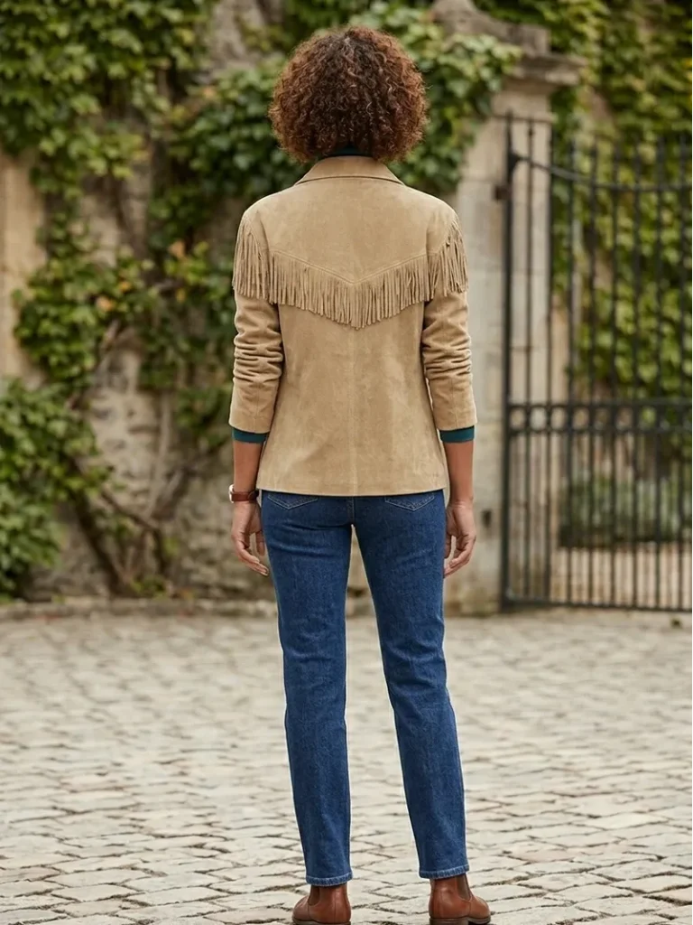 Beige Suede Fringe Jacket For Women Western Style 4 Beige Suede Fringe Jacket for Women Western Style back side