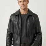 Black Leather Fringe Jacket for Men Western Style