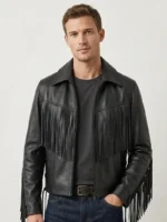 Black Leather Fringe Jacket for Men Western Style