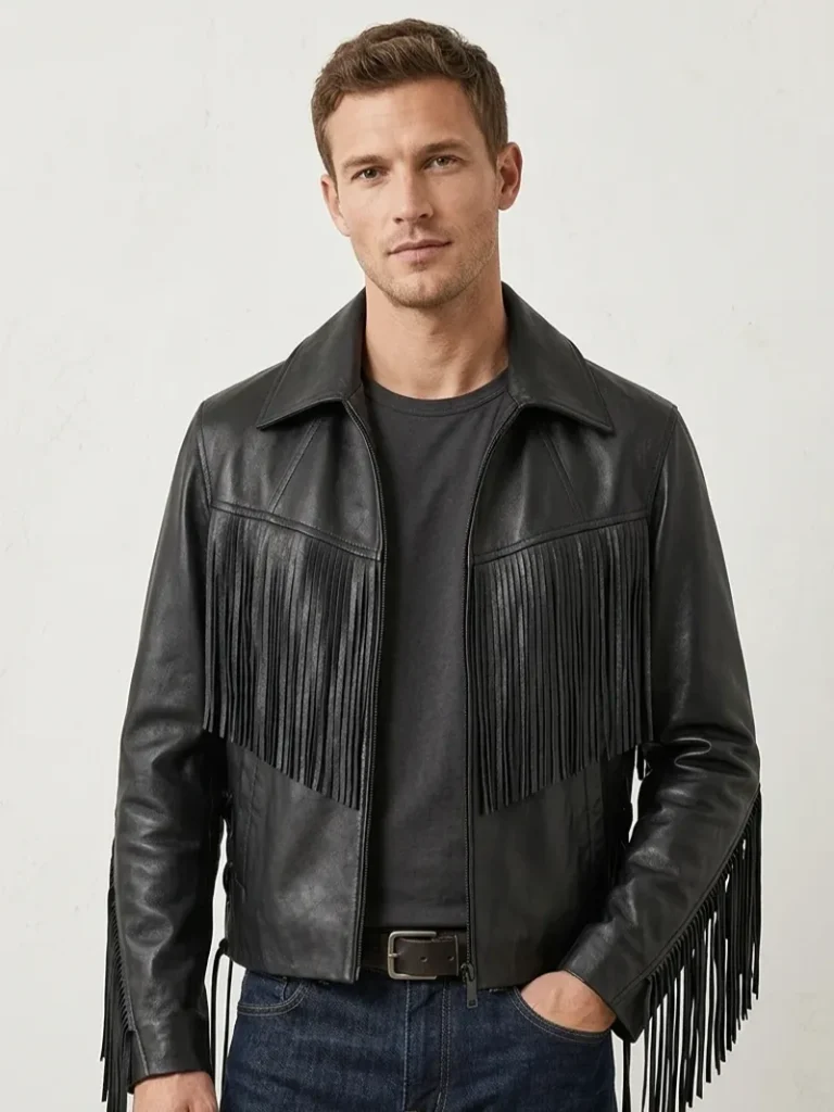 Black Leather Fringe Jacket for Men Western Style