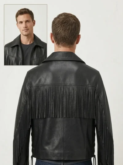Black Leather Fringe Jacket for Men Western Style back side