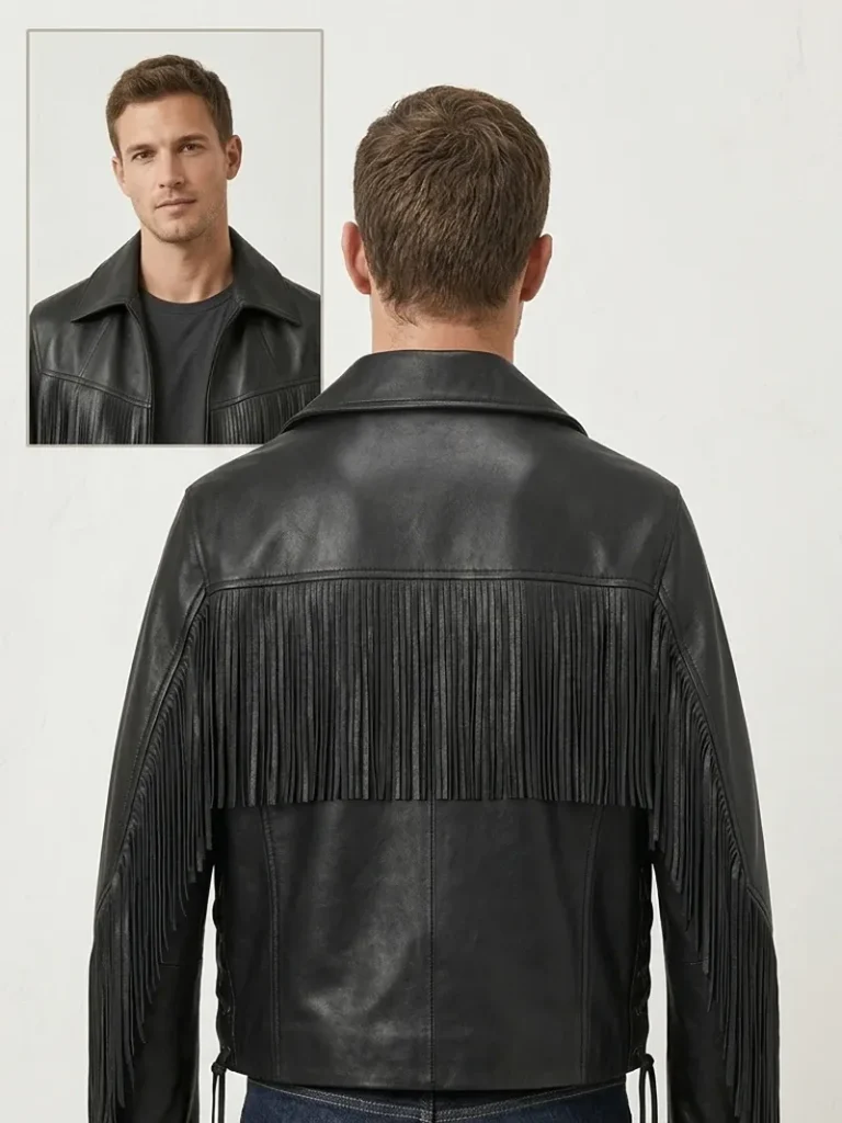 Black Leather Fringe Jacket For Men Western Style 5 Black Leather Fringe Jacket for Men Western Style back side