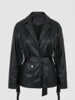 Black Leather Fringe Jacket for Women Western Belted Style - Image 3