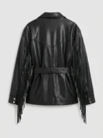 Black Leather Fringe Jacket for Women Western Belted Style - Image 4