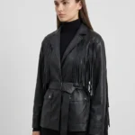 Black Leather Fringe Jacket for Women Western Belted Style