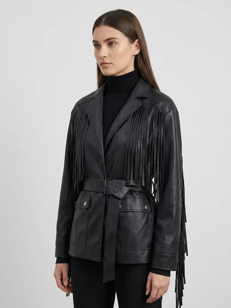 Black Leather Fringe Jacket for Women Western Belted Style