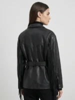Black Leather Fringe Jacket for Women Western Belted Style back side