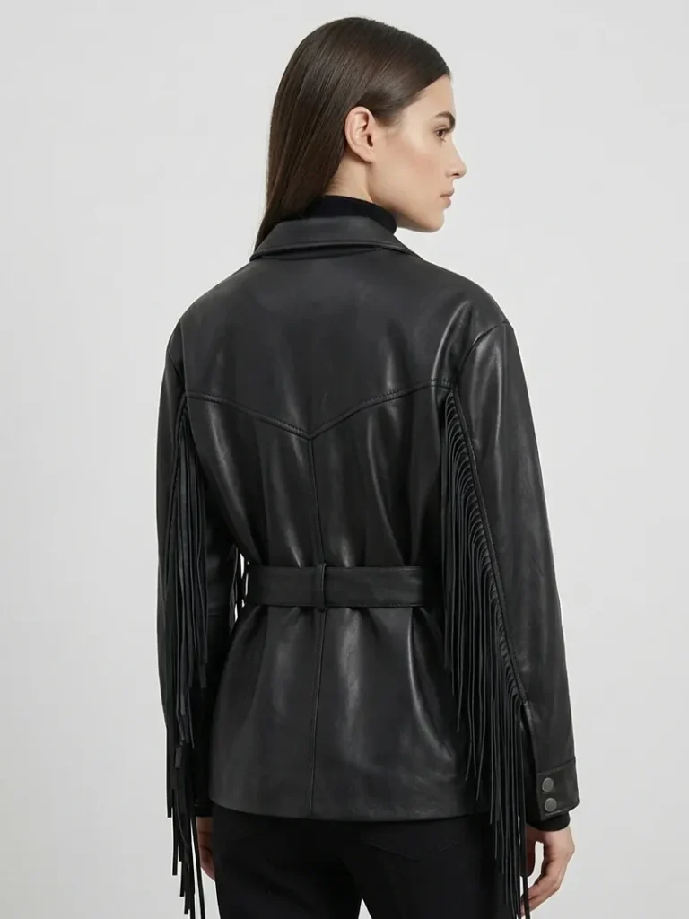 Black Leather Fringe Jacket For Women Western Belted Style 4 Black Leather Fringe Jacket for Women Western Belted Style back side