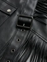 Black Leather Fringe Jacket for Women Western Belted Style - Image 5