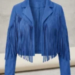 Blue Suede Fringe Jacket for Women Western Style Cropped Jacket