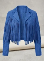 Blue Suede Fringe Jacket for Women Western Style Cropped Jacket