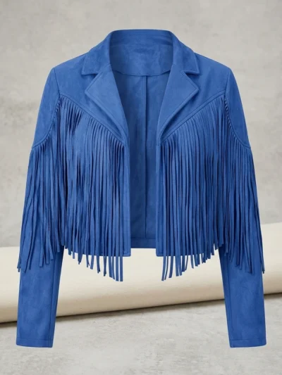 Blue Suede Fringe Jacket for Women Western Style Cropped Jacket