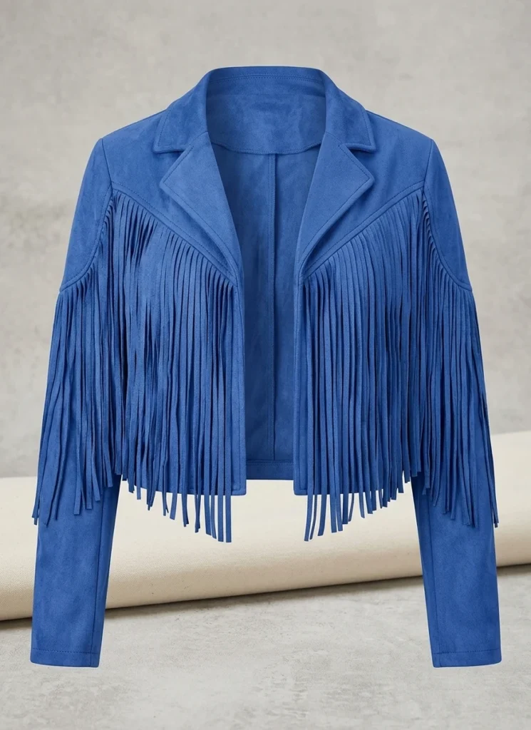 Blue Suede Fringe Jacket for Women Western Style Cropped Jacket