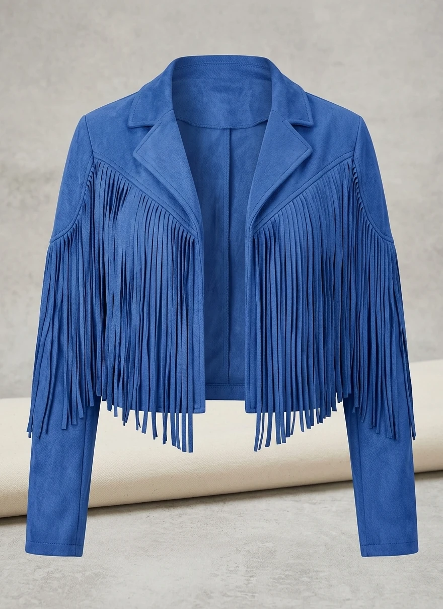 Blue Suede Fringe Jacket For Women Western Style Cropped Jacket (1) Blue Suede Fringe Jacket for Women Western Style Cropped Jacket