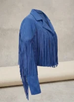 Blue Suede Fringe Jacket for Women Western Style Cropped Jacket side arm