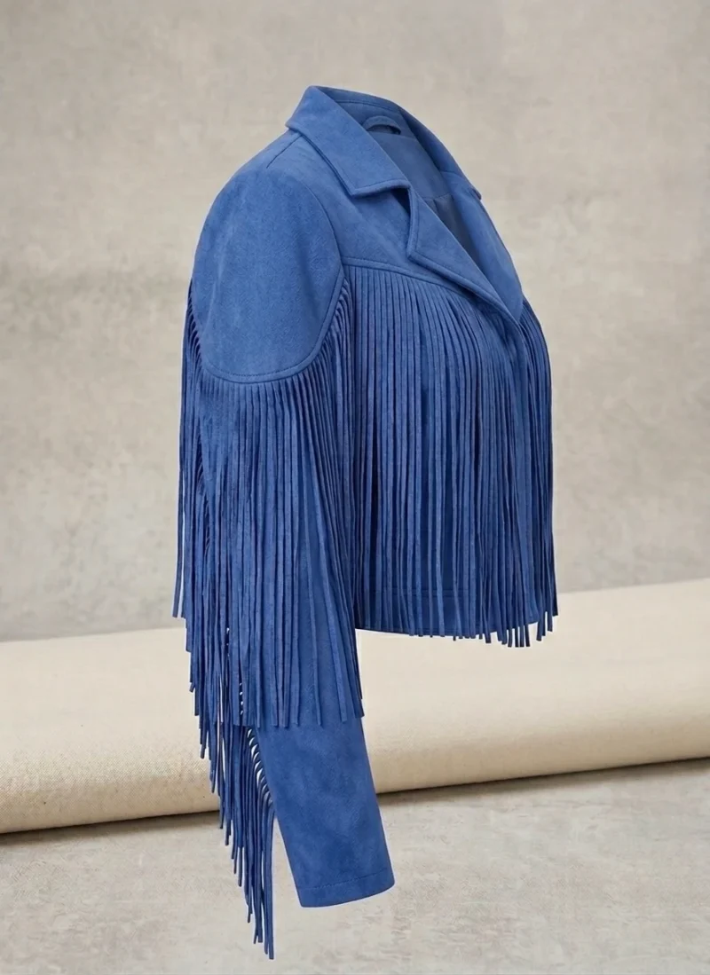 Blue Suede Fringe Jacket for Women Western Style Cropped Jacket side arm