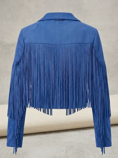 Blue Suede Fringe Jacket for Women Western Style Cropped Jacket back side